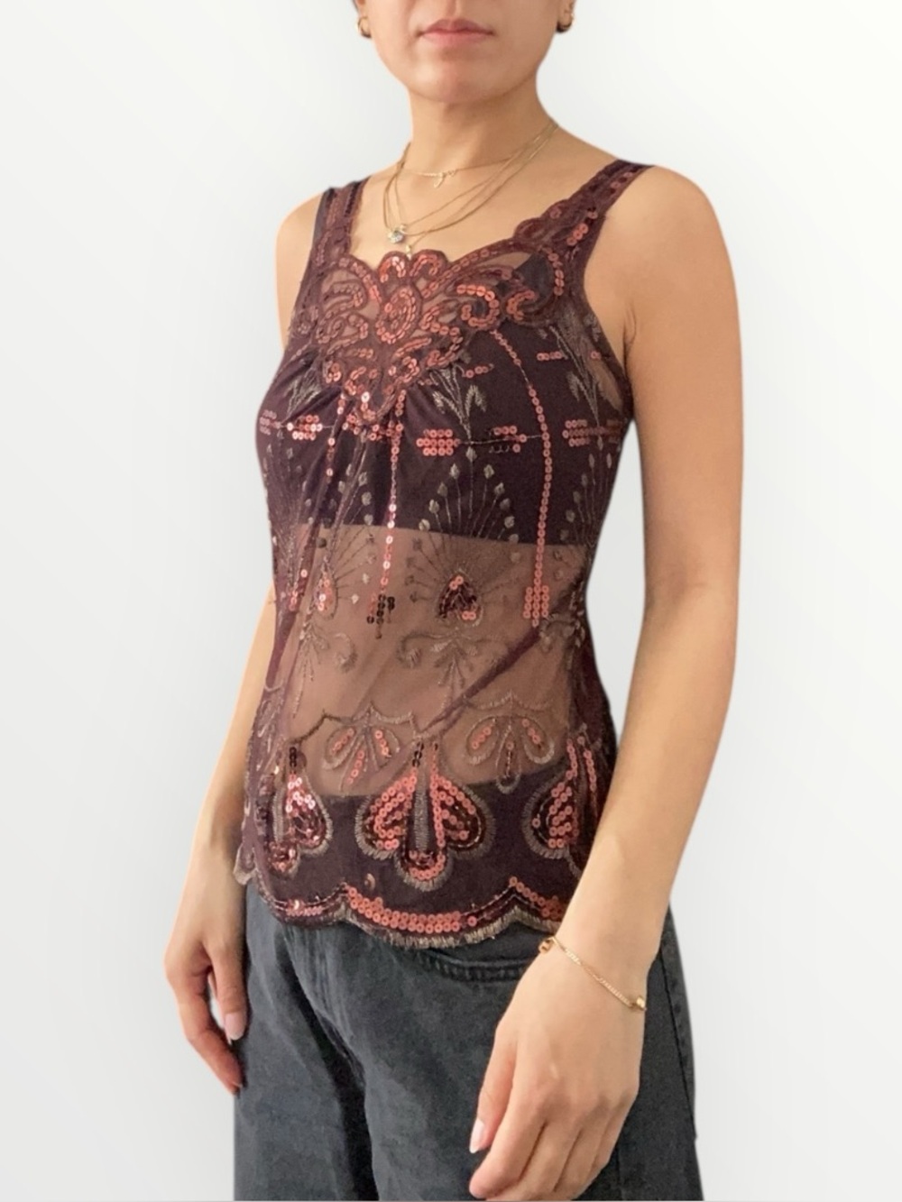 H&M Dark Brown Sequin & Embroidered Mesh Camisole Size XS